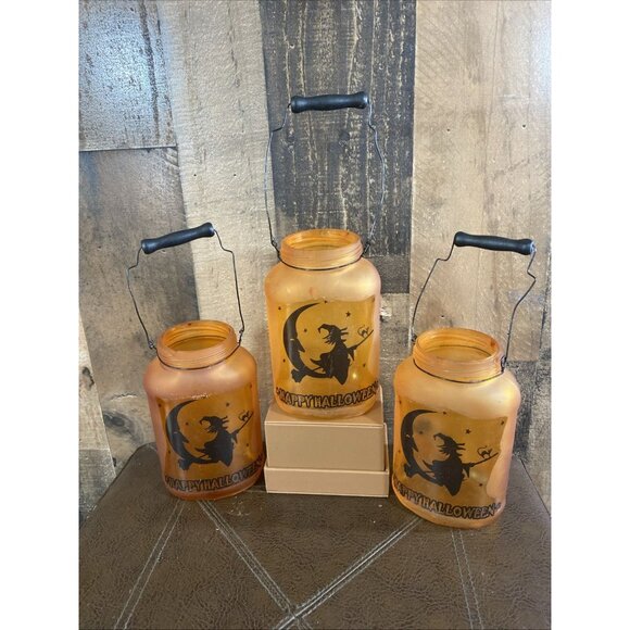 Unbranded Other - Halloween Decor Orange Black Jar Tealight Candle holder Witch Moon Cat Set Of 3